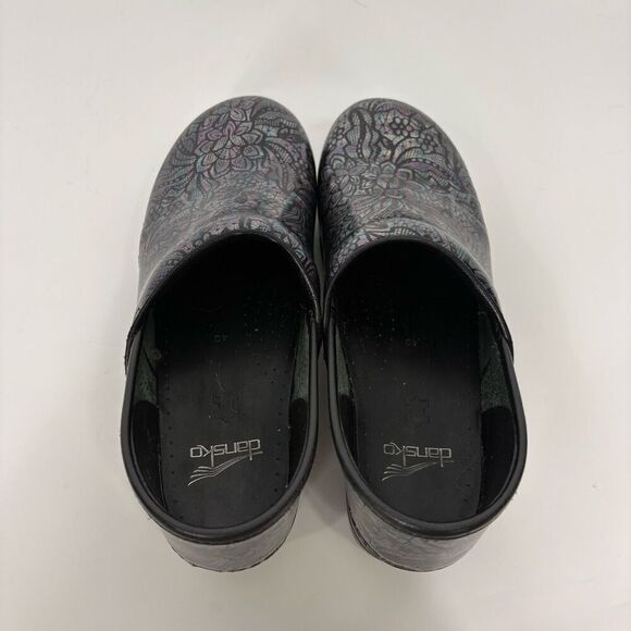 Dansko Blue & Purple Metallic Iridescent Mosaic Clog Shoes with Tropical Leaf Pr - Picture 7 of 10